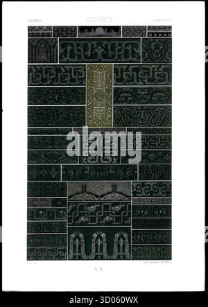 Motifs ornementaux chinois de L’ornement polychrome d’Auguste Racinet, planche X, montrant des motifs complexes vert jade et des motifs symboliques inspirés des anciens chinois Paris, édition anglaise 1877. Banque D'Images