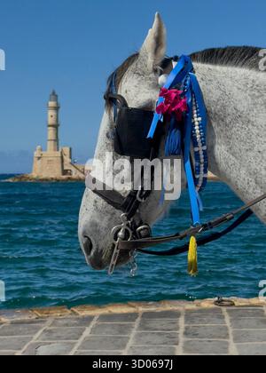 Cheval et buggy avec phare dans le vieux port vénitien de la Canée - Crète, Grèce Banque D'Images