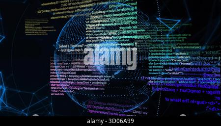 Globe de réseau bleu flottant montrant des flux de code colorés dans le cyberespace virtuel, avec des nœuds de réseau. Technologie, cybersécurité, innovation, connectivité i Banque D'Images