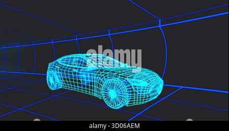 Affichage d'un modèle de voiture filaire cyan néon occupant une grille de tunnel virtuelle, avec des lignes de grille bleues Banque D'Images