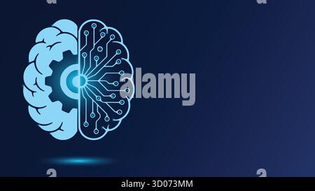 Technologie numérique vectorielle mécanique à demi-engrenage du circuit cérébral. Innovation dans l'apprentissage automatique de l'intelligence d'ingénierie. Illustration de Vecteur