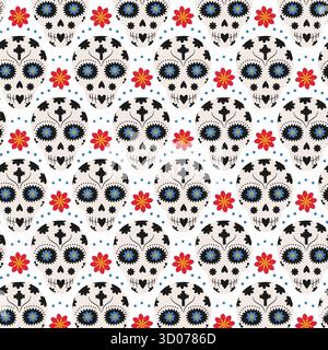 Crânes de sucre dessinés à la main avec Floral et Dots Decor Seamless Pattern Day of the Dead festive background. Illustration vectorielle isolée vacances mexicaines salutations thématique toile de fond bannière, dépliants, étiquettes Illustration de Vecteur