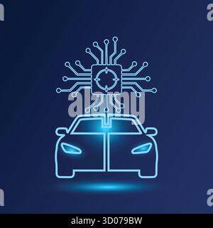 Icône de voiture autonome, cerveau de puce ai. Technologie de véhicule autonome, automobile intelligente, transport numérique, fond bleu foncé. Illustration de Vecteur