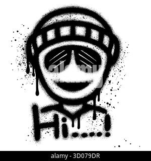 Émoticône graffiti Cool Smiling visage avec lunettes de soleil isolé avec un fond blanc avec texte Hi. Illustration de Vecteur