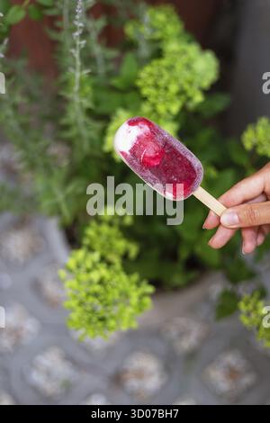 Une main femelle tient une glace naturelle fraise-framboise sur un bâton dans la rue. Vacances, été, chaleur, glace Banque D'Images