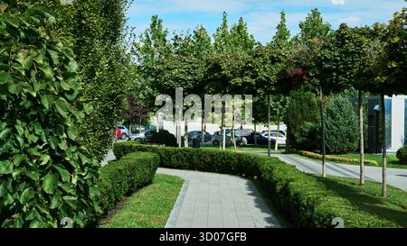 Parc magnifiquement aménagé avec un chemin pavé sinueux, des haies vertes luxuriantes et des arbres soigneusement taillés par une journée ensoleillée. Banque D'Images