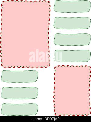 Modèle de mise en page avec de grands cadres rectangulaires roses et de petites boîtes arrondies vertes avec bordures en pointillés.Cute, vecteur dessiné à la main de planificateur ou de balle Illustration de Vecteur