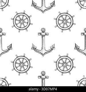 Modèle sans couture avec volants de direction du navire. Graphiques en noir et blanc, illustrations vectorielles dessinées à la main. Pour les jeux et les célébrations des enfants. Pour Illustration de Vecteur