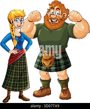 Joyeux homme et femme écossais dans des kilts de tartan traditionnels, vecteur de bande dessinée, couleurs vives, isolé. Illustration de Vecteur