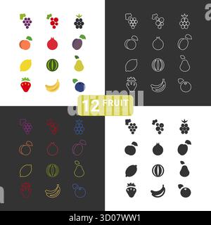 La collection présente douze icônes de ligne de fruits distinctes mettant en vedette des fruits populaires tels que le raisin, les fraises et les bananes. Illustration de Vecteur