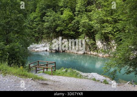 Paisible rivière turquoise coule à travers une forêt verdoyante, une passerelle en bois offre un accès à ses rives tranquilles Banque D'Images