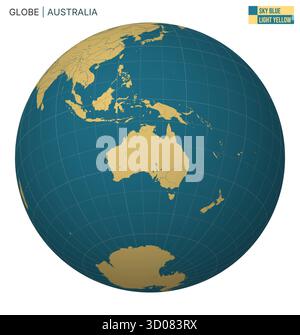 Vector Globe centré sur l'Australie. Palette Bleu ciel jaune clair. Carte du monde avec méridiens, parallèles, pays, rivières et lacs. Illustration de Vecteur