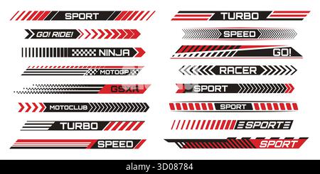 Autocollants Racing Stripe pour la personnalisation de la moto avec des graphismes autocollants rouges et noirs audacieux. Lignes de vitesse dynamiques, flèches en chevron, motifs à carreaux et étiquettes textuelles sportives pour la conception de la marque du véhicule. Illustration de Vecteur