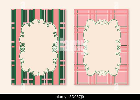 Cadres festifs joyeux Noël. Ensemble d'affiches roses et vertes des fêtes d'hiver avec motif écossais et cadre vide. Ensemble de cartes d'invitation de Noël Illustration de Vecteur