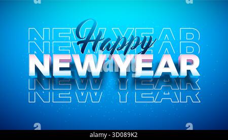 Illustration de carte de voeux bonne année avec lettrage typographique multipliant 3d sur fond bleu. Conception de vacances de Noël pour calendrier, Flyer Illustration de Vecteur