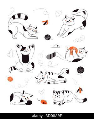 Chats jouant avec des jouets et boule de fil, dormir, étirer, assis, couché, relaxant. Chatons de race pure mignons dans différentes poses Illustration de Vecteur