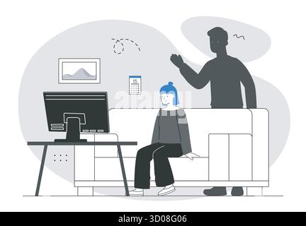 Homme saluant femme regardant la télévision sur le canapé. Illustration vectorielle Illustration de Vecteur