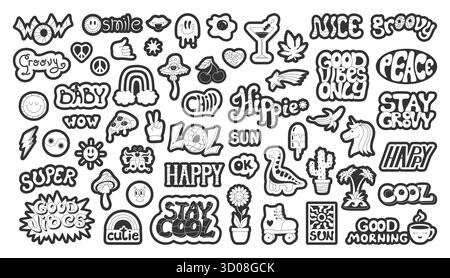 Lot d'autocollants rétro Happy. Vintage Comic label forme visage souriant, souvenirs, sticker cool tendance rétro style de bande dessinée des années 90. Naïf old School ludique groovy citation patch bundle vecteur typographie noire Illustration de Vecteur