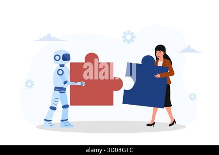 Une femme en tenue d'affaires et un robot travaillent ensemble pour assembler des pièces de puzzle. Ils sont dans un bureau lumineux et moderne rempli de lumière, mettant en valeur l'équipe Illustration de Vecteur