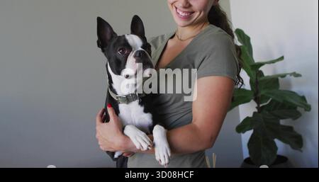 Femme en chemise olive berçant le chien Boston Terrier avec col vert à la maison, avec plant de figue Banque D'Images