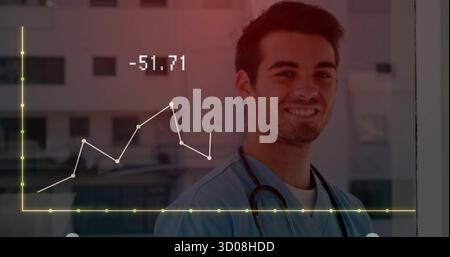 Médecin souriant portant des gommages avec stéthoscope dans le couloir montrant -51 Banque D'Images