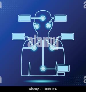 Diagramme abstrait du corps humain connecté avec des points incandescents et des boîtes d'affichage de données pour l'analyse médicale du système de surveillance de la santé Illustration de Vecteur