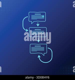 Diagramme de flux de travail montrant le flux de processus, bulles de chat reliées par des flèches, illustrant les étapes et les boucles de feedback sur fond bleu Illustration de Vecteur