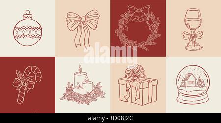 Ensemble d'éléments de décoration de Noël dessinés à la main. Boule vintage, canne de bonbons, couronnes, boîte cadeau, arc, bougie, boule à neige, illustration vectorielle de verre à vin Illustration de Vecteur