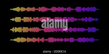 Ensemble d'ondes sonores de podcast coloré avec dégradé de jaune, rose à violet sur fond noir. Illustration de Vecteur
