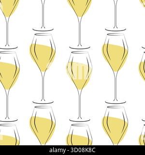 Verre à vin à tige dessiné à la main avec spot abstrait comme fond transparent White Wine Seamless Pattern. Illustration vectorielle isolée Whine Day Greetings arrière-plan Bar Restaurant cartes thématiques Menu Tag Illustration de Vecteur