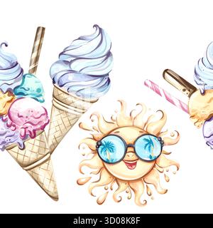 Papier peint de fond de motif sans couture d'été joyeux avec des cônes de crème glacée et un soleil souriant idéal pour les occasions festives et les vibrations de vacances Illustration de Vecteur
