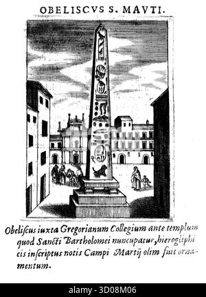 Obélisque di S. Mauto, Guglia si San Mauto, Obélisque Macuteo ou Obélisque del Panthéon est un obélisque égyptien à Rome sur la Piazza della Rotonda en face du Panthéon, Italie, historique, rehaussé numériquement de Grandezze della citta di Roma antiche et moderne par Jacomo Crulli de Marcucci, de l'année 1630, Rome Banque D'Images