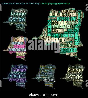 Ensemble d'illustrations de pays de style typographique. Formes de carte DR Congo construites à partir de noms de pays horizontaux et verticaux. Illustration vectorielle. Illustration de Vecteur