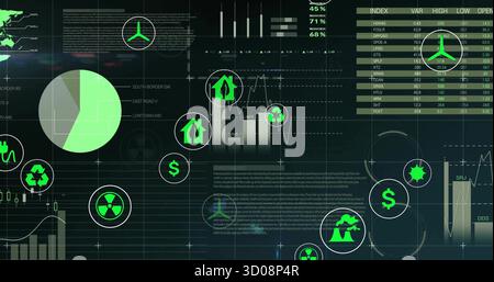 Affichage des mesures éco-financières sur l'interface utilisateur du tableau de bord sombre, avec graphique circulaire, graphique linéaire et icônes écologiques Banque D'Images