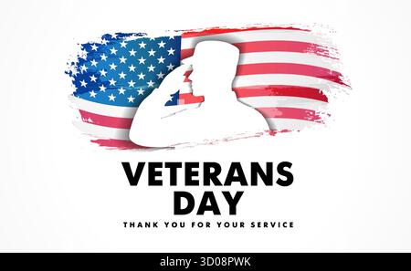 Joyeuse bannière USA Veterans Day avec soldat et drapeau grunge. Journée des anciens combattants, le 11 novembre - Merci pour votre service, modèle de médias sociaux. Vecteur Illustration de Vecteur