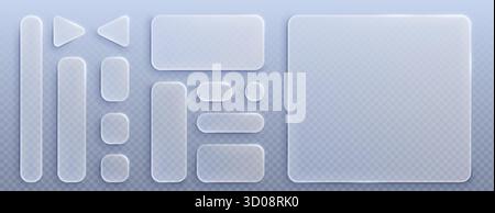 Éléments d'interface utilisateur en verre liquide avec boutons arrondis transparents, panneaux et flèches de navigation de différentes tailles. Composants d'interface de morphisme dépoli pour la conception d'application moderne sur gradient bg. Illustration de Vecteur