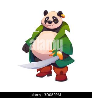 Dessin animé panda ours animal pirate caractère mignon. Le capitaine de Corsair drôle animal isolé personnage de dessin animé vectoriel. Personnage d'ours Panda avec boucle d'oreille dorée, portant un manteau vert et tenant l'épée de coutelass Illustration de Vecteur