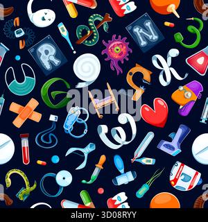 Motif sans couture de lettre de police médicale de dessin animé. Motif vectoriel de dessin animé textile. Soins de santé impression transparente avec instruments de laboratoire médical, bandages, pilules et rayons X, lettres alphabétiques de badge de médecin Illustration de Vecteur