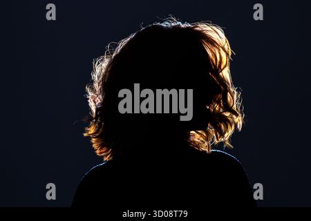 Silhouette d'une femme aux cheveux bouclés rétro-éclairés par une lumière colorée, portrait artistique sur fond sombre. Banque D'Images