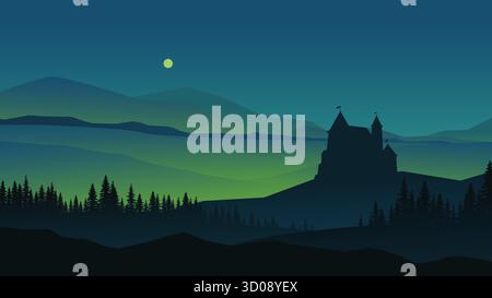 un château la nuit avec des feux verts Illustration de Vecteur