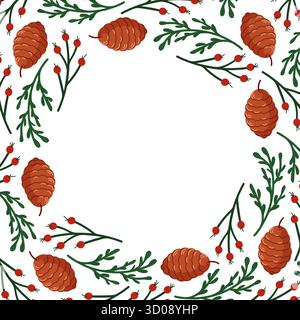 Cadre circulaire avec pomme de pin, rowan de baies rouges et branche verte sur fond blanc. Décoration naturelle d'hiver et de Noël dans un style plat. Illustration de Vecteur