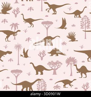 Fond de modèle de dinosaures préhistoriques avec des lézards et des reptiles jurassiques, vecteur sans couture. Dessin animé silhouettes de dinosaures motif de lézards Dino et ptérodactyl avec fond de palmiers de jungle tropicaux Illustration de Vecteur
