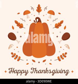 Design de Thanksgiving avec de grandes citrouilles et des éléments saisonniers comme les champignons et les feuilles d'automne parfait pour les publications sur les médias sociaux, les campagnes et les événements. Illustration de Vecteur
