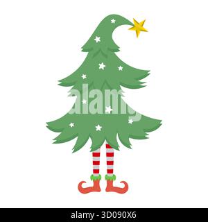 Arbre de Noël drôle avec illustration de jambes d'Elf. Parfait pour les cartes de Noël, affiches, invitations, autocollants et autres projets créatifs saisonniers. Illustration de Vecteur