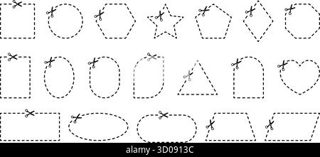 Lignes de coupe en ciseaux pour coupon. Bordure en tiret pour rectangle, cercle et carré. Cadre pointillé avec contour. Illustration de Vecteur