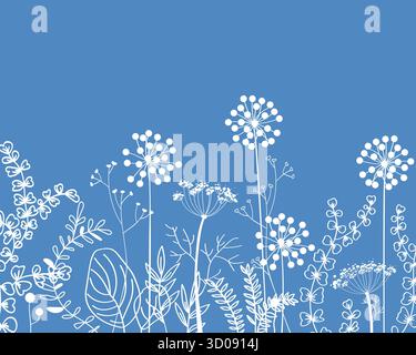 Frontière d'automne avec la forêt doodle et les plantes de prairie. Fond floral dessiné à la main pour cadres, affiches, cartes d'enfants, fonds d'écran. Illustration vectorielle. Illustration de Vecteur