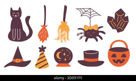 Chauves-souris d'Halloween, silhouette de chats, icônes de doodle Illustration de Vecteur