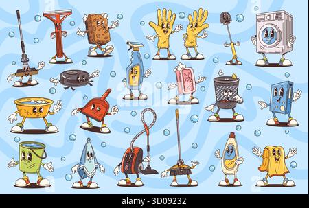 Dessin animé groovy nettoyage, lavage et personnages de ménage. Serpillière, grattoir de fenêtre, gants en caoutchouc, aspirateur et seau à ordures, détergent, machines ménagers et outils Groovy caractères vectoriels Illustration de Vecteur