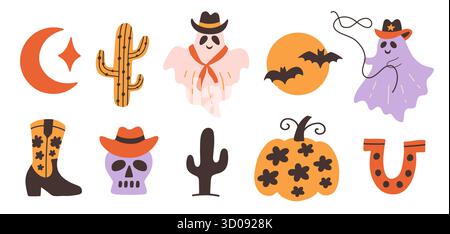 Ensemble d'Halloween fantôme de cowboy mignon Illustration de Vecteur
