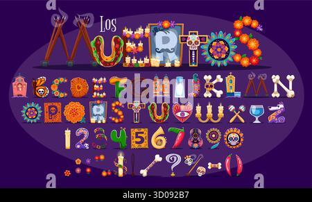 Police Cartoon mexican Day of the Dead, police de caractères de vacances de la mort, lettres de type Dia de los Muertos, alphabet rituel. Lettres de typographie vectorielle et nombres ensemble de dessins animés jour des symboles de vacances morts Illustration de Vecteur